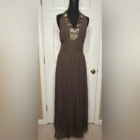 Banana Republic | Dresses | Banana Republic Silk Grecian Maxi Halter Dress  With Brass Bronze Beadwork